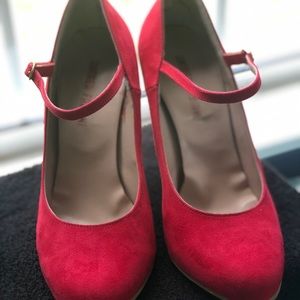 Red suede Mary Jane heels